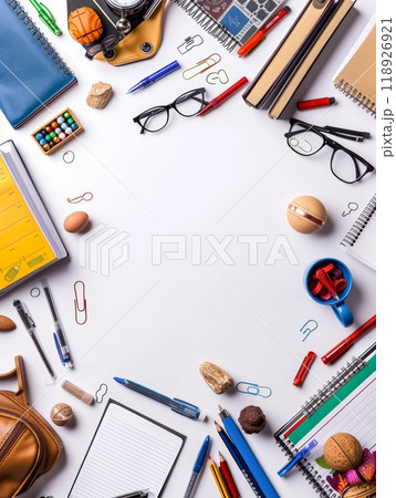 Colorful Back to School Frame Background with Stationery Items, Books, and Gadgets for Educational and Creative Projects 118926921