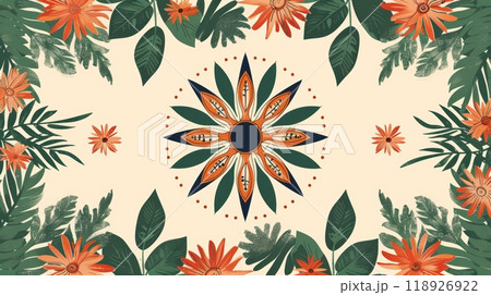 Vibrant Illustration Celebrating India Independence Day with Traditional Floral Patterns and National Colors 118926922