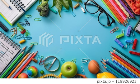 Colorful Border Frame Background with Back to School Supplies on Blue Surface for Educational and Academic Themes 118926923