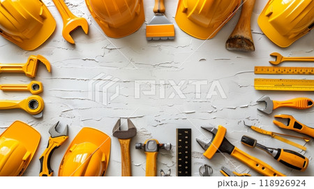 Labor Day Frame Border Background with Construction Tools and Safety Gear on Textured White Surface 118926924