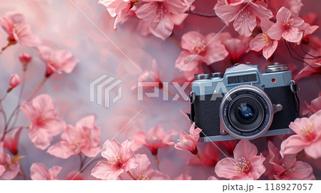 Vintage Camera Surrounded by Pink Cherry Blossoms on Pastel Background Celebrating World Photography Day 118927057