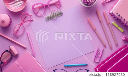 Border Frame Background with Back to School Concept Featuring Pink Stationery and Supplies on a Pastel Pink Surface 118927080