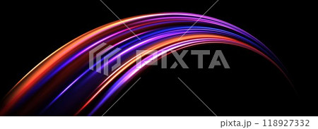 Glowing neon light trail background. Red pink purple arch speed lines. Magic luminous curved swirl concept. Abstract spiral dynamic rotating stripes. Curve streaks for poster, banner, flyer. Vector Glowing neon light trail background. Red pink purple arch speed lines. Magic luminous curved swirl concept. Abstract spiral dynamic rotating stripes. Curve streaks for poster, banner, flyer. Vector 118927332