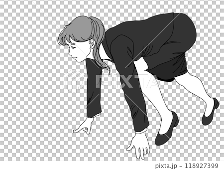 クラウチングスタート スーツ姿でスタートラインに立つビジネスウーマン女性のイラスト 全身横向き 118927399