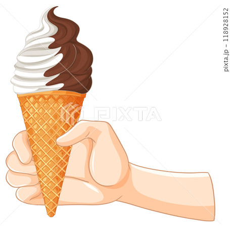 Hand Holding Chocolate Vanilla Ice Cream Cone 118928152