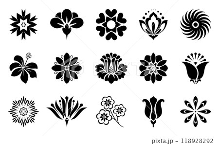 Flowers icon set. Flowers isolated on transparent background. Flowers in modern simple. Cute round flower plant nature collection. Vector illustrator 118928292
