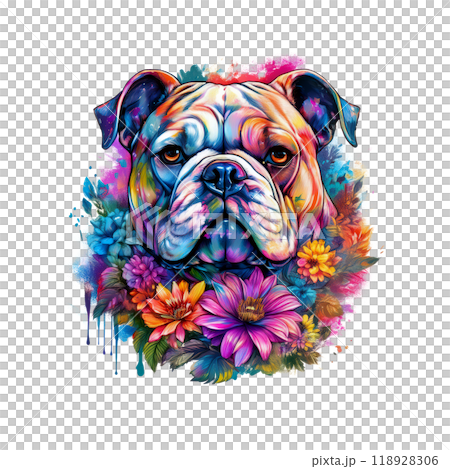 Colorful illustration of a bulldog surrounded by vibrant flowers, combining realism and artistic splashes, creating a bold, lively, and eye-catching design, Dog Lover. Colorful illustration of a bulldog surrounded by vibrant flowers, combining realism and artistic splashes, creating a bold, lively, and eye-catching design, Dog Lover. 118928306