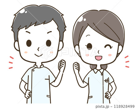 気合いを入れる男女の看護師の上半身イラスト 118928499
