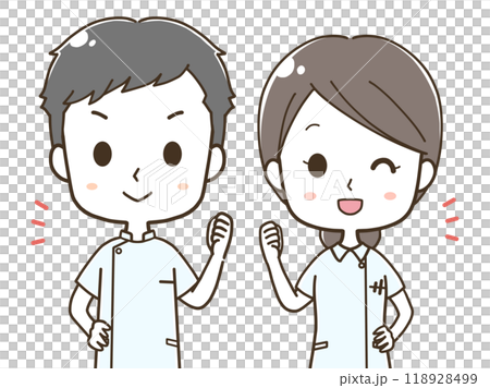 気合いを入れる男女の看護師の上半身イラスト 118928499