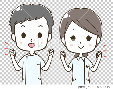 Upper body illustration of male and female nurses doing fist pump 118928549