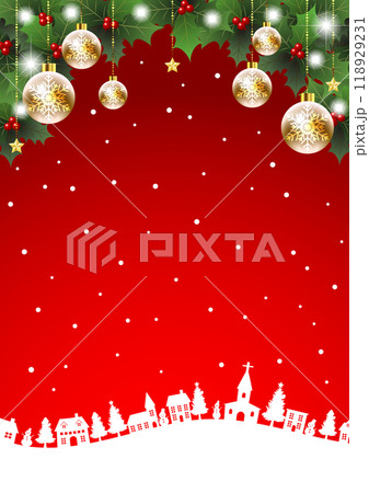 柊とオーナメントのあるクリスマス背景、街並み、赤、かわいい、イラスト、縦 118929231