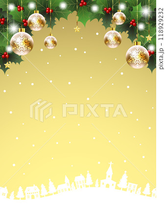 柊とオーナメントのあるクリスマス背景、街並み、金、かわいい、イラスト、縦 118929232