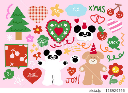 Cute illustration of happy panda, puppy, Christmas tree, cherry, heart, flower, Merry Christmas letters for festive decoration, cartoon character, comic, mascot, animal, souvenir shop, plush toy, doll Cute illustration of happy panda, puppy, Christmas tree, cherry, heart, flower, Merry Christmas letters for festive decoration, cartoon character, comic, mascot, animal, souvenir shop, plush toy, doll 118929366