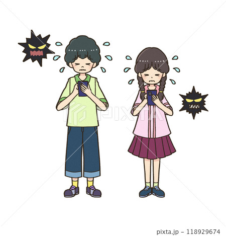 スマホで怖い体験をする男の子と女の子 スマホで怖い体験をする男の子と女の子 118929674