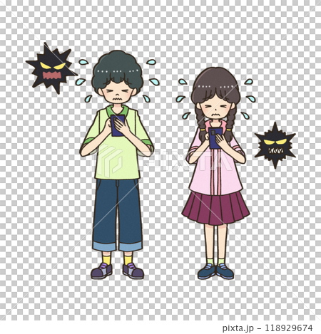 スマホで怖い体験をする男の子と女の子 スマホで怖い体験をする男の子と女の子 118929674