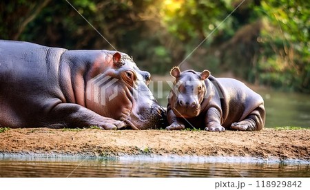 A mother hippo and her adorable calf enjoy a peaceful moment together on the riverbank. 118929842