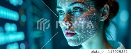 young woman with digital code projected on her face, looking at futuristic screen. Concept of artificial intelligence, data security, and digital technology in modern world young woman with digital code projected on her face, looking at futuristic screen. Concept of artificial intelligence, data security, and digital technology in modern world 118929881