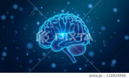 Human brain digital illustration with glowing focus area on dark blue background, abstract geometric shapes, futuristic neuroscience concept, cognitive function 118929898