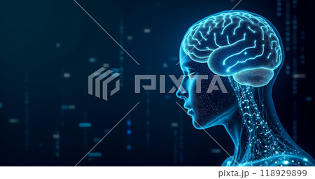 Digital Concept Illustration Human Brain Activity Side View Neural Network Glowing Connections Neurons Abstract Light Particles Lines Dark Blue Background Cognitive Function 118929899