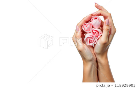 Natural hand cream with pink roses, moisturizing lotion for soft hands, organic skincare product, gentle hydration, floral essence, smooth skin, beauty care, delicate fragrance, nourishing cream 118929903