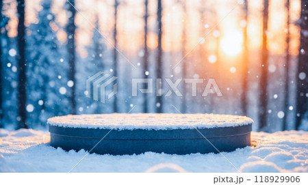 Winter product display stand with fresh snowfall on surface amidst snowy forest backdrop. seasonal marketing or holiday themed items 118929906
