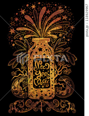 Styled grunge illustration with decorated bottle, conifer branches and fireworks against black background. Esoteric, gothic and mystic poster or card. Halloween and New Year concept.  118929967