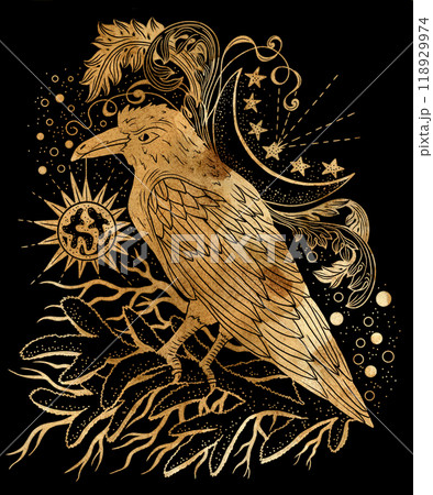 Styled grunge illustration with silhouettes of crow, moon and conifer branches against black background. Esoteric, gothic and mystic poster or card. Halloween and New Year concept. Styled grunge illustration with silhouettes of crow, moon and conifer branches against black background. Esoteric, gothic and mystic poster or card. Halloween and New Year concept. 118929974