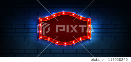 Red retro sign board with light bulb frame 118930246