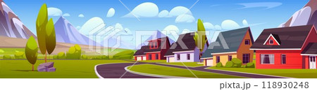 Suburban or village street with road and mountains 118930248