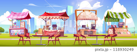 City public park with fast food and drink stalls City public park with fast food and drink stalls 118930249