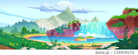 Summer or spring sunny landscape with waterfall 118930255