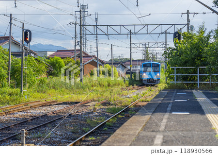 近江鉄道高宮駅のホーム 電車が来る 近江鉄道高宮駅のホーム 電車が来る 118930566