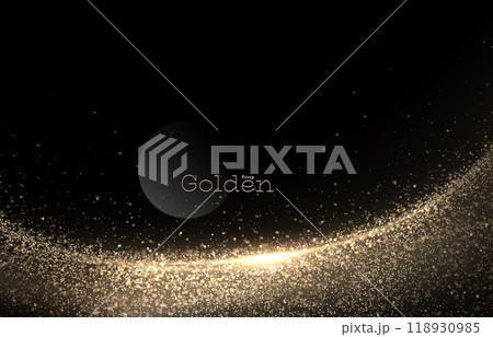 Isolated drawing of a gold colored arch with shiny tinsel on a black background 118930985