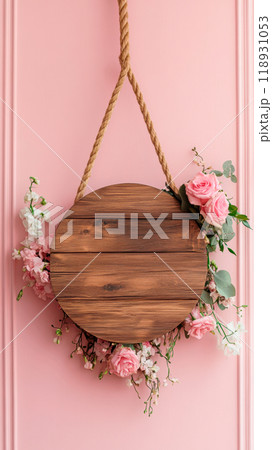 round wooden blank sign with flowers hanging on rope, on pink background, copy space 118931053
