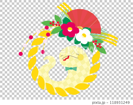 正月に飾る華やかなしめ縄からヘビが覗くイラスト、黄色 118931249