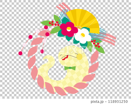 正月に飾る華やかなしめ縄からヘビが覗くイラスト、ピンク 118931250