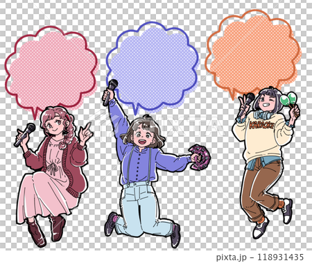 Illustration of three girls enjoying karaoke with speech bubbles 118931435
