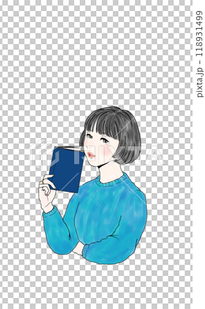 本を片手に持ちポーズをとる女性（ソフトなテイスト） 118931499
