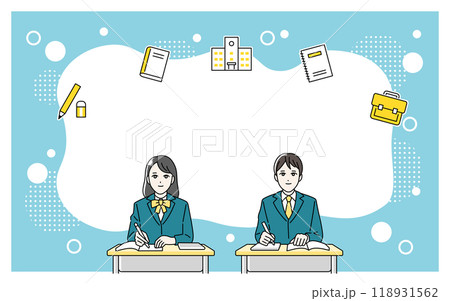 机に向かって勉強をする高校生の男女のイラスト 118931562