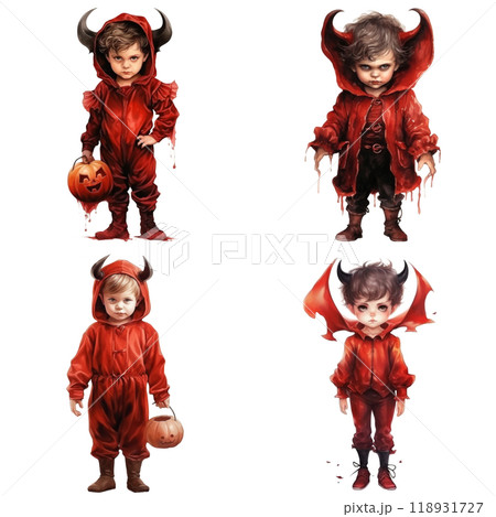 Four Children Dressed as Devils for Halloween 118931727