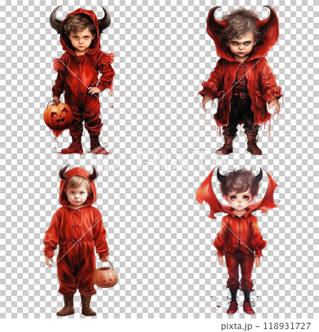 Four Children Dressed as Devils for Halloween 118931727