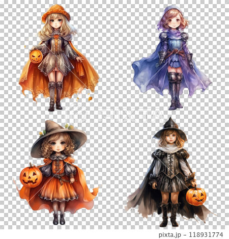 Four Anime Girls in Halloween Costumes Four Anime Girls in Halloween Costumes 118931774