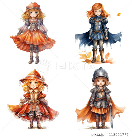 Four Watercolor Illustrations of Young Girls in Fantasy Costumes Four Watercolor Illustrations of Young Girls in Fantasy Costumes 118931775