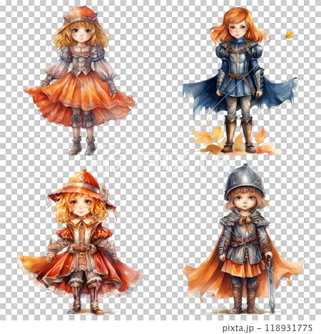 Four Watercolor Illustrations of Young Girls in Fantasy Costumes Four Watercolor Illustrations of Young Girls in Fantasy Costumes 118931775