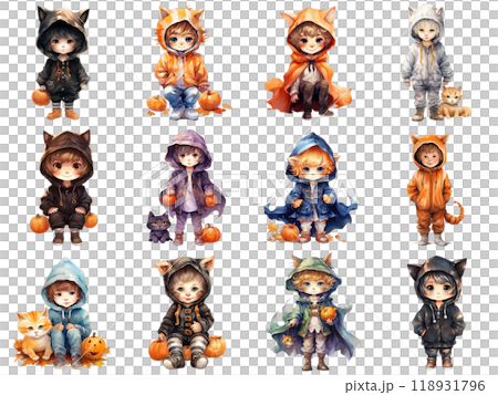 Cute Children in Cat Hoodies with Pumpkins and Cats 118931796