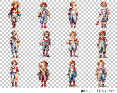 Watercolor Illustration of 12 Children Dressed as Clowns 118931797