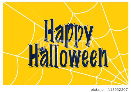 The inscription Happy Halloween with cobwebs and spiders on a yellow background 118932807