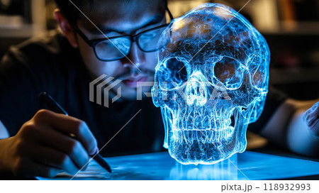 A scientist analyzes the hologram of a human skull. The concept of advanced technology in medical research, emphasizing innovation in anatomy studies and scientific discovery. Generative AI. 118932993