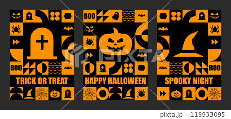 Happy Halloween postcards. Set of 3 minimal vintage 20s geometric design posters with orange primitive shapes elements. Neo geometrical pattern. Vector illustration in bauhaus minimalist style 118933095