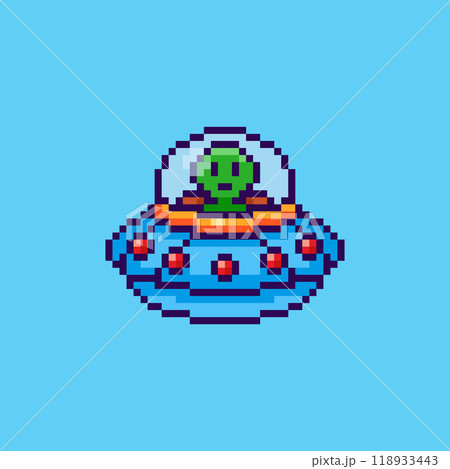 Pixel art Alien in UFO Spaceship game asset design 118933443